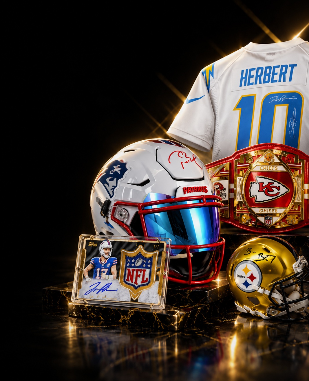 Autographed NFL memorabilia including signed helmets and footballs