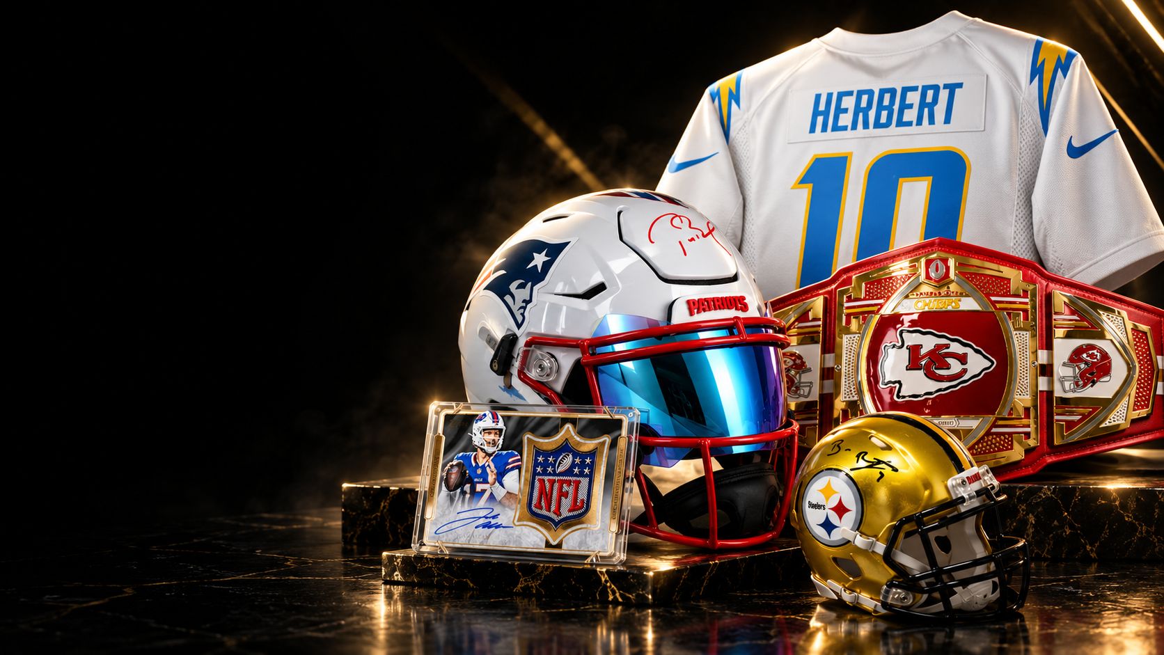 Autographed NFL jerseys, helmets and footballs on display